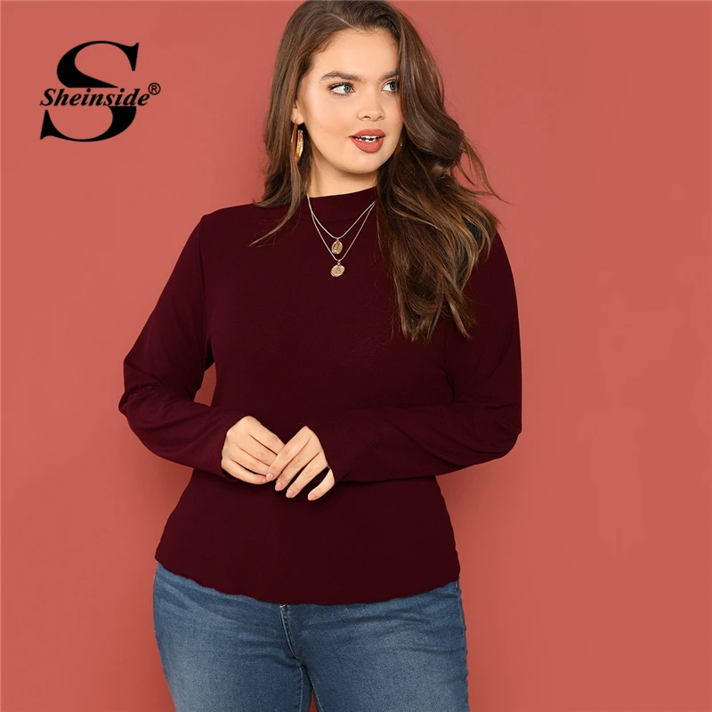Sheinside, бордовые футболки размера плюс, офисные женские Топы И Футболки, водолазка с длинным рукавом, женская футболка, осень, Женский Топ