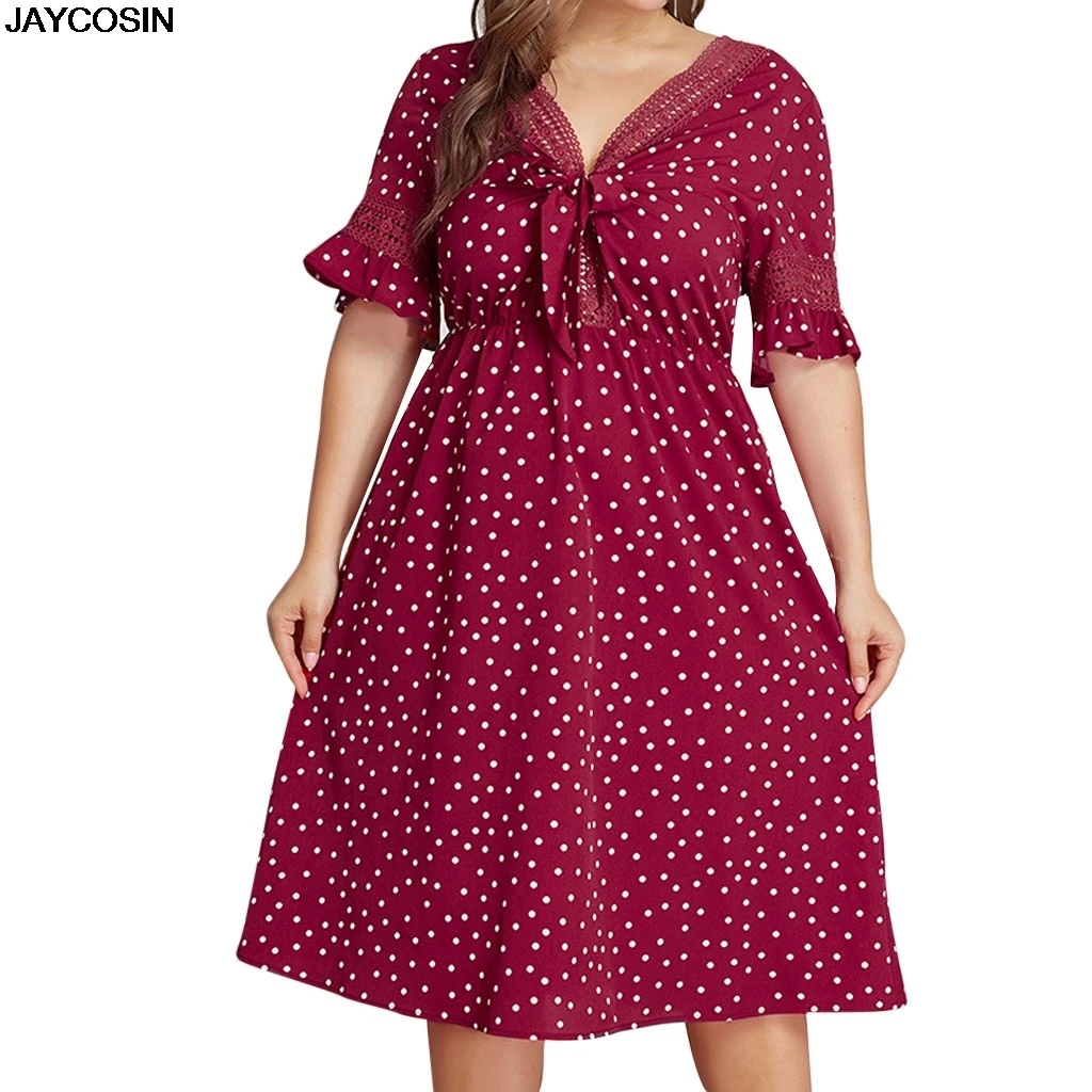 JAYCOSIN летние женские платья размера плюс, красные женские летние платья в горошек, свободные винтажные платья в стиле ампир, одежда на бретельках длиной 9508