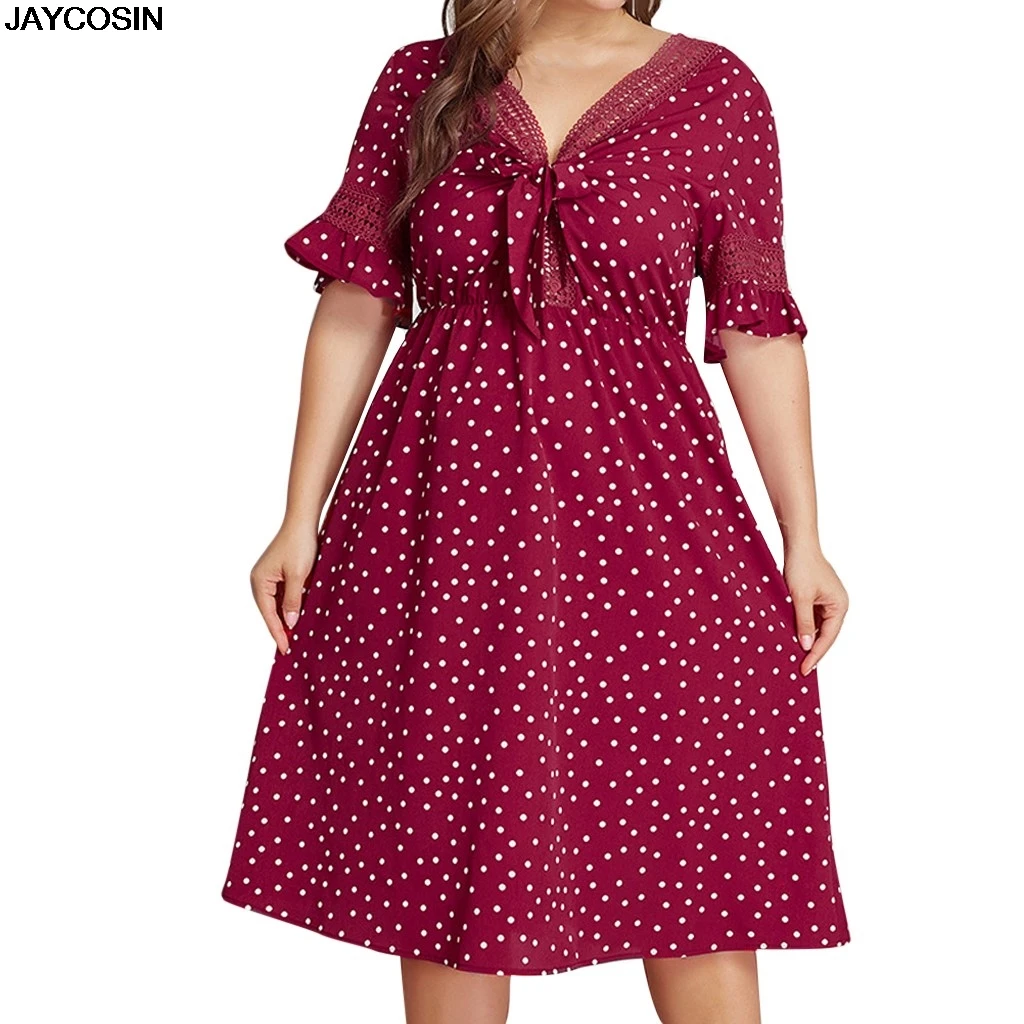 

JAYCOSIN dresses Summer Womens Plus Size Red polka Dot Ladies Summer Dresses Loose Vintage Empire clothing Sling Length 9508