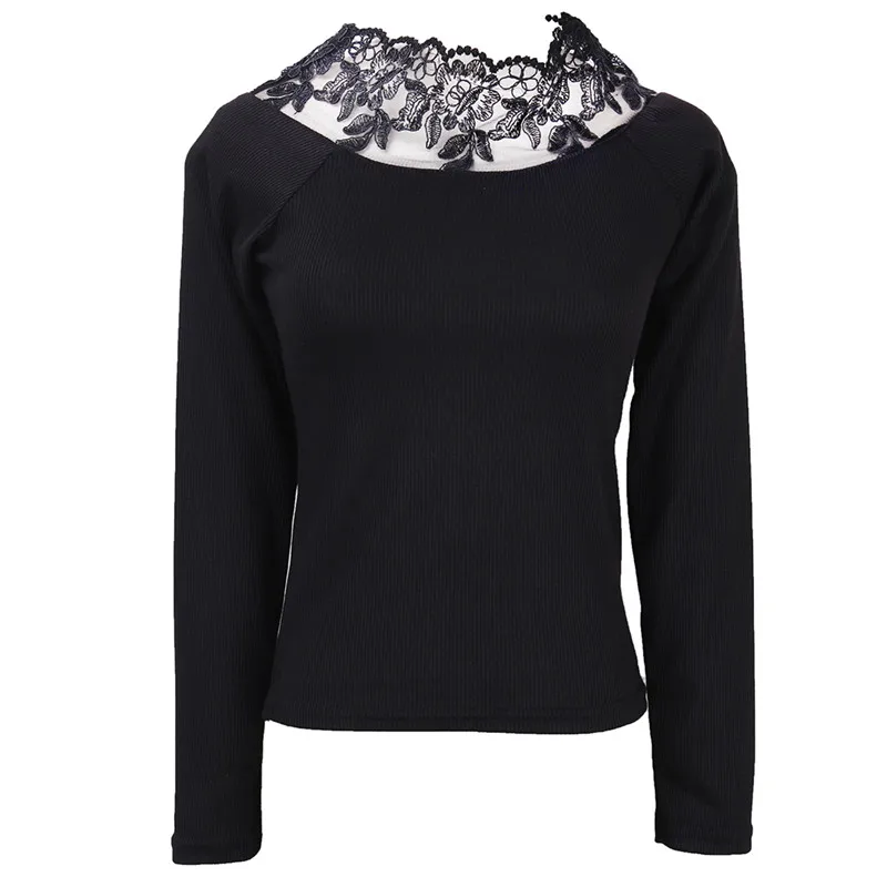 Новые осенние модные женские туфли Рубашка Дамы Splice Кружево Stripe Long Sleeve Turtleneck