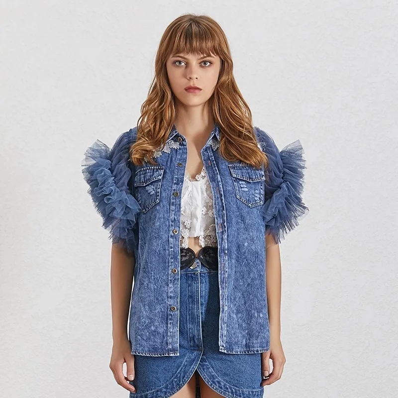 awesome  TWOTWINSTYLE Summer Mesh Patchwork Women Jacket Lapel Sleeveless Button Big Size Denim Coat Female 