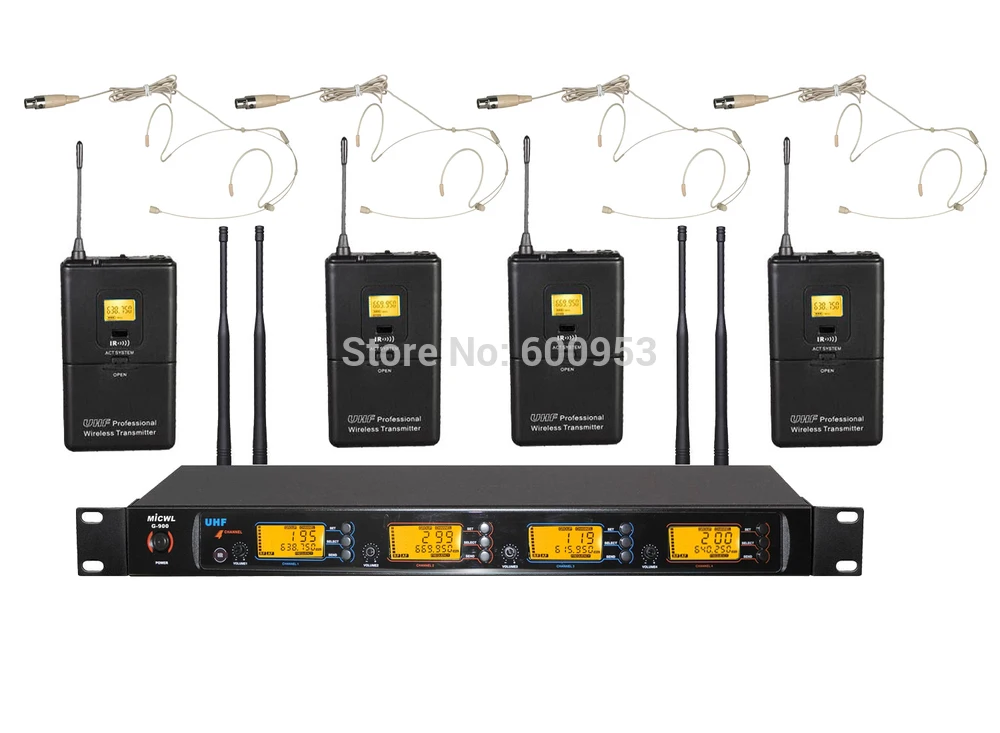 

MICWL 4x100 Channel UHF Wireless Karaoke Microphone System 4x Beige Omnidirectional Headset Mic