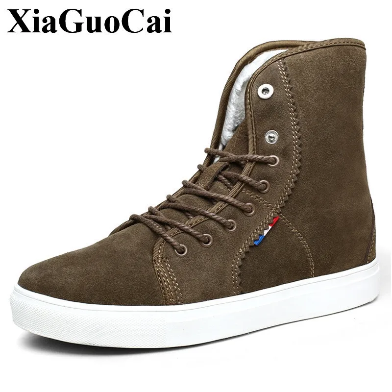 

XiaGuoCai Genuine Leather Fashion High-top Shoes Men Boots Lace-up Warm Snow Boots Cotton Couple Shoes Casual Flats Shoes H556