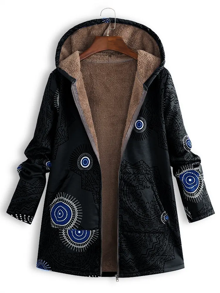 Винтажные свободные пальто с цветочным принтом Зимние флисовые куртки с капюшоном женские пальто на молнии с длинным рукавом женская верхняя одежда размера плюс N795
