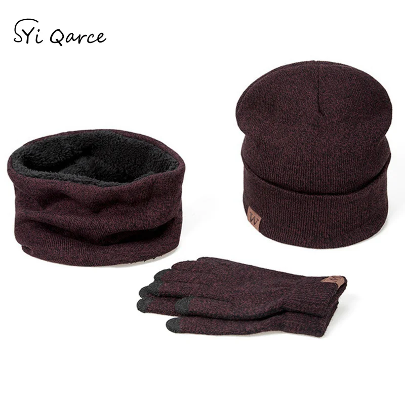 SYi Qarce, 3 шт., зимняя супер теплая вязаная шапка, перчатки для сенсорного экрана с шарфом, набор для мужчин и женщин, набор для улицы, сохраняющий тепло, NT069-74 - Цвет: Wine Red