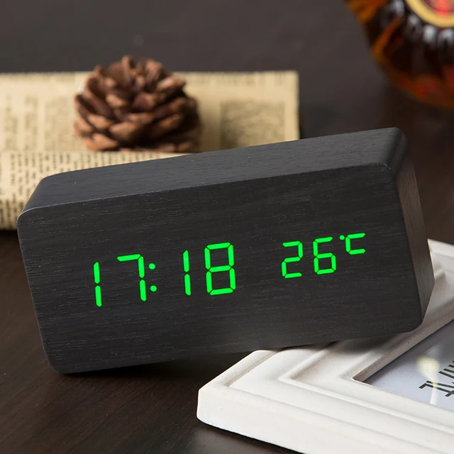 Hot Sale Wooden LED Alarm Clock Display Date+Time+Celsius/Fahrenheit Temperature Sound Control Function Table Desktop Clocks