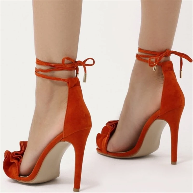 Sugar-Ruffle-Lace-Up-Barely-There-Heels-in-Orange-Suede