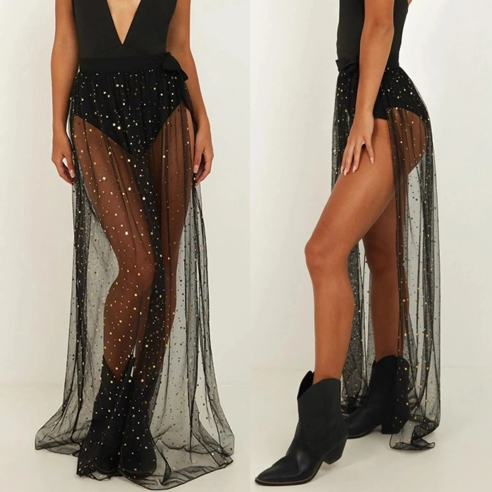 Sexy Sheer Black Sequin Ruched Skirt 