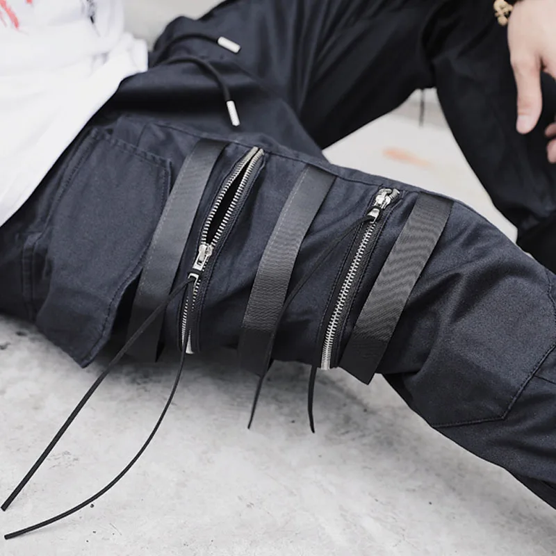

Spring Autumn Fashion Dark Black Men's Zipper Ribbon Casual Pocket Cargo Pants Hairstylist Pants clubwear Street Slacks Trousers