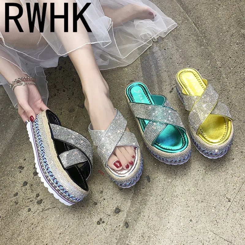 

RWHK 2019 muffin bottom full diamond cross open toe sandals mopped straw thick bottom word drag Roman slippers B163