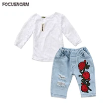 Милые кружевные топы с объемным цветком для маленьких девочек, джинсовые штаны с цветочным принтом, комплект джинсовой одежды