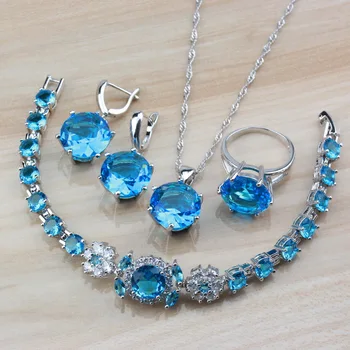 

2019 Best Selling 925 Mark Silver Color Round Natural Sky Blue Crystal Women Wedding Jewelry Sets With Independent Jewelry Box