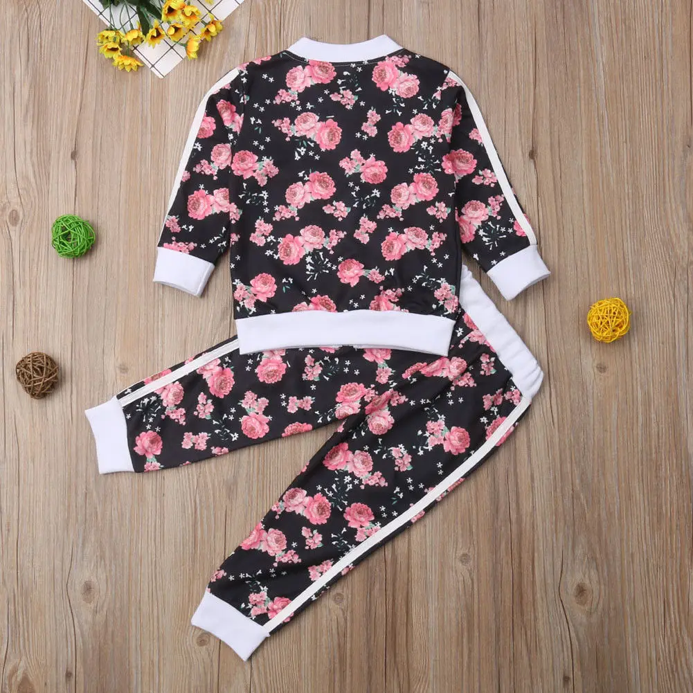 Fashion Kids Toddler Girls Tracksuit Sets Floral Long Sleeve Bomber Jacket Sweatshirt Tops+ Long Jogger Pants 2PCS Outfits 2-7Y