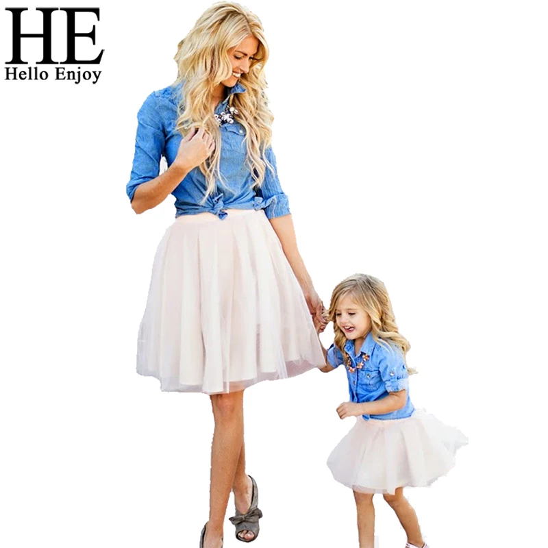 

HE Hello Enjoy Mother Daughter Clothes Set family look Children girl women long sleeved denim shirt+tutu skirt matching outfits