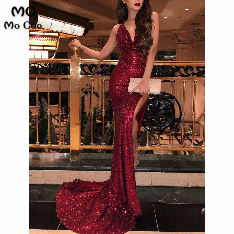 Mermaid Sleeveless V-neck Sweep Brush Train Ruffles Sequins Dresses