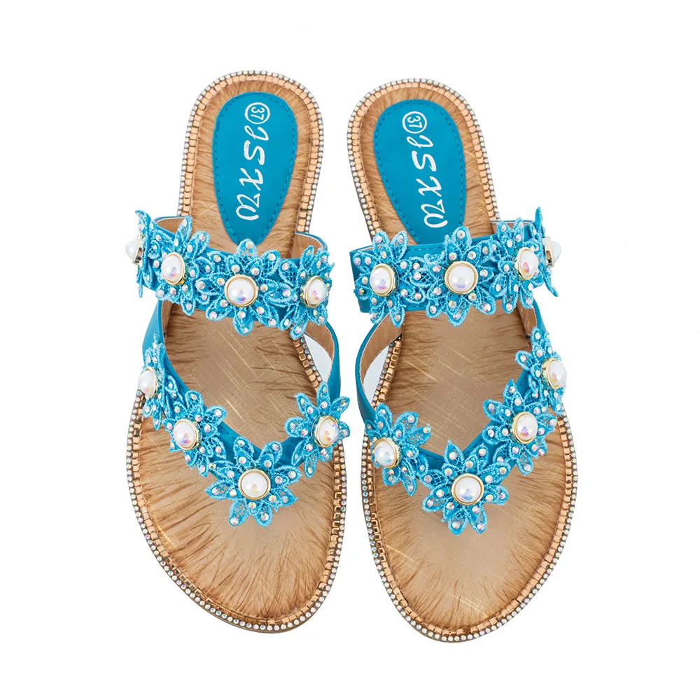 

Women Shoes 2019 Summer Flat Sandals Women Boho Bohemia Sandals Pearl Flower Leisure Beach Shoes Blue Black Red Beach Slippers