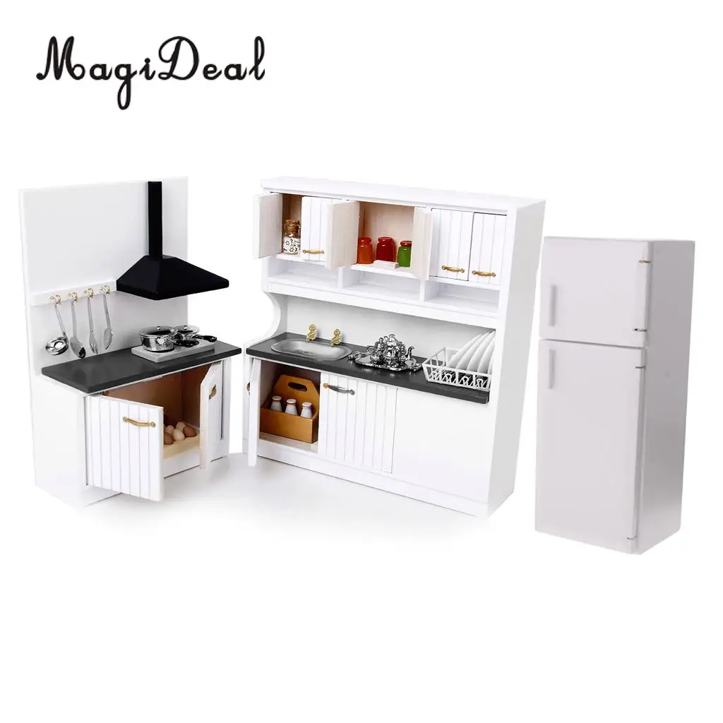 Dollhouse 1:12 Scale Kitchen/Dining Room Cabinet&Refrigerator Furniture Set for Dolls House Decor Acc Children Kids Great Gift