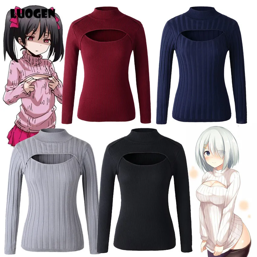 Japanese Anime Cosplay Open Chest Knitted Sweater Keyhole Women Sweaters and Pullovers Sexy Turtleneck Stripe For Lolita Girls Japanese Anime Cosplay Open Chest Knitted Sweater Keyhole Women Sweaters and Pullovers Sexy Turtleneck Stripe For Lolita Girls