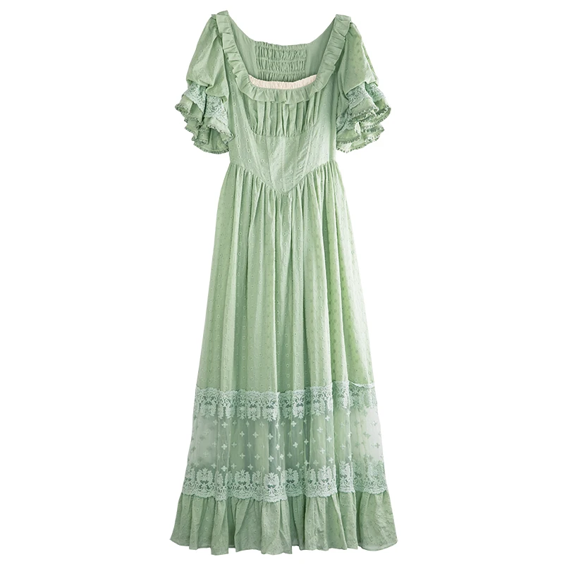 YOSIMI летнее винтажное хлопковое и кружевное длинное женское платье, туника, шикарный стиль, зеленое женское платье до середины икры, вечернее платье