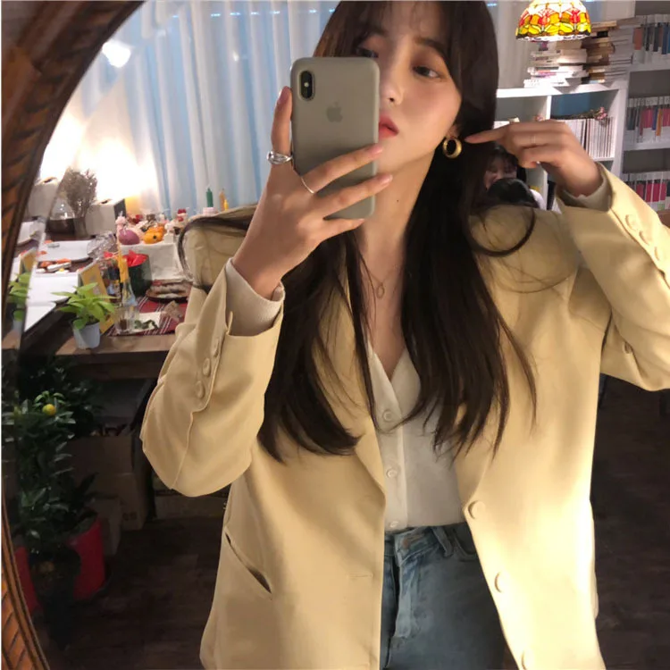 Cream Yellow Simple Temperament Loose Suit Coat Notched Single Breasted Clothes Blazers and Jackets Suit Coat Women 2019