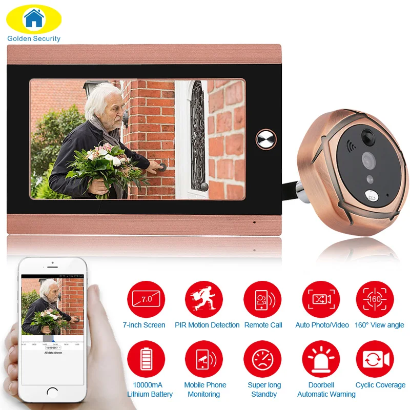 

7inch WiFi Video Call GSM Peephole 1080P Camera Two-way Audio Talk Doorbell Viewer Doorphone SMS Push Motion Alarm TF Card Slot