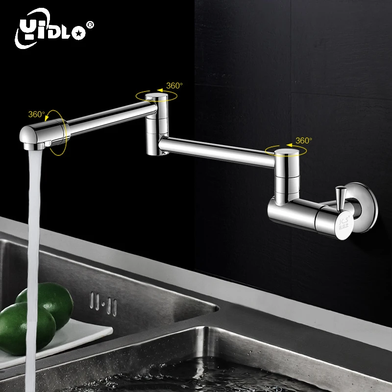 Wall Mount Kitchen Faucet Folding Single Handle Sink Brass Taps Single Cold Water Tap 360 degree rotary nozzle bathroom Faucet