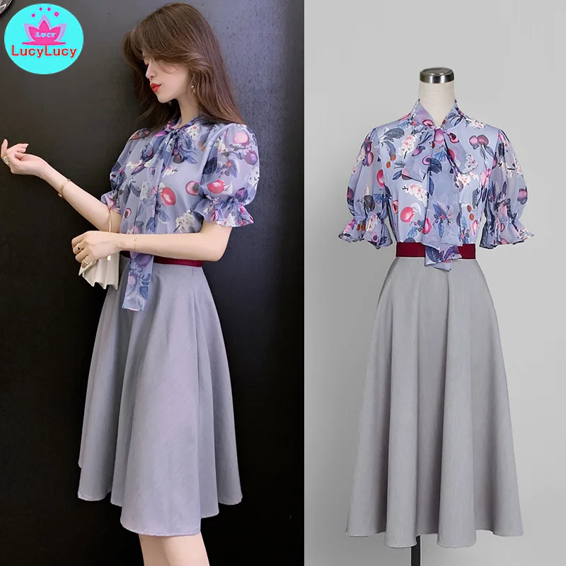 

2019 summer women's Korean version of the net red temperament printed chiffon shirt + skirt set two-piece Bow