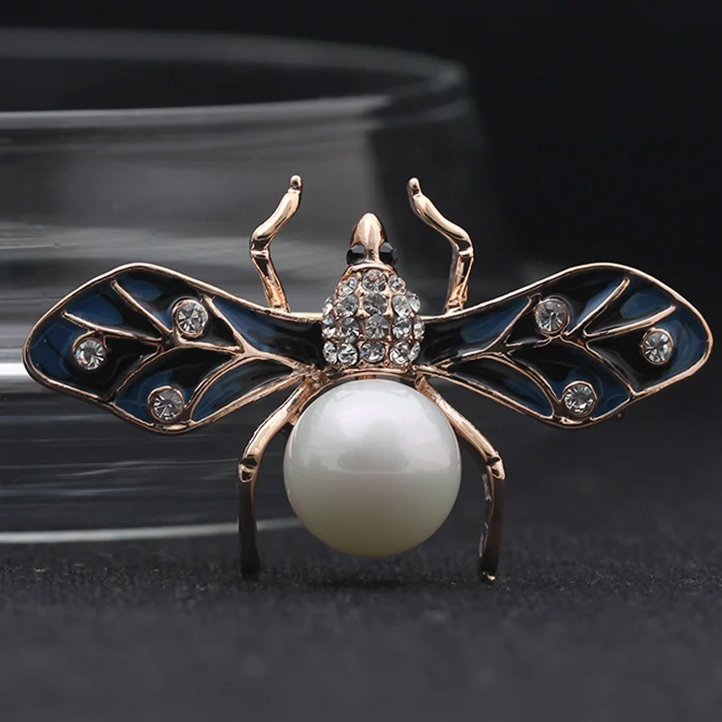 Blucome Small Enamel Insect Brooches For Women Men Party Gifts Fashion Pearl Brooch Pin Rhinestone Crystal Hijab Accessories