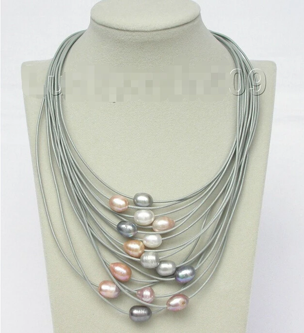 

shipping15row 14mm purple Gray pink white pearls leather necklace magnet clasp e1750