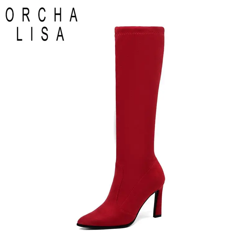 

ORCHA LISA Sexy Woman stretched fabric 9cm high heels knee boots kid suede lady booties Sexy spring autumn boots 9 colors