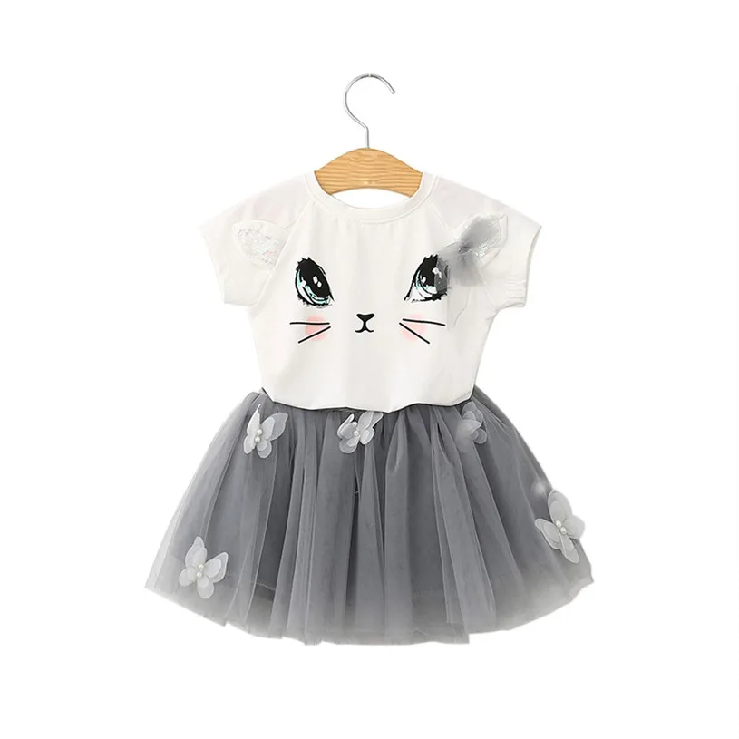 

baby clothes 2017 fashion Kids Girls Cat Pattern Shirt Top Butterfly Tutu Skirt Set Clothing