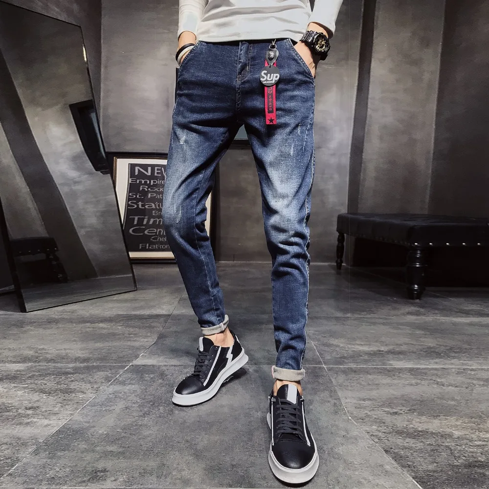 Fashion Denim Jeans Men Pants Brand Hip hop Cowboys Slim Fit Elasticity Solid Pencil Jeans Ripped Jeans for Men Black Blue