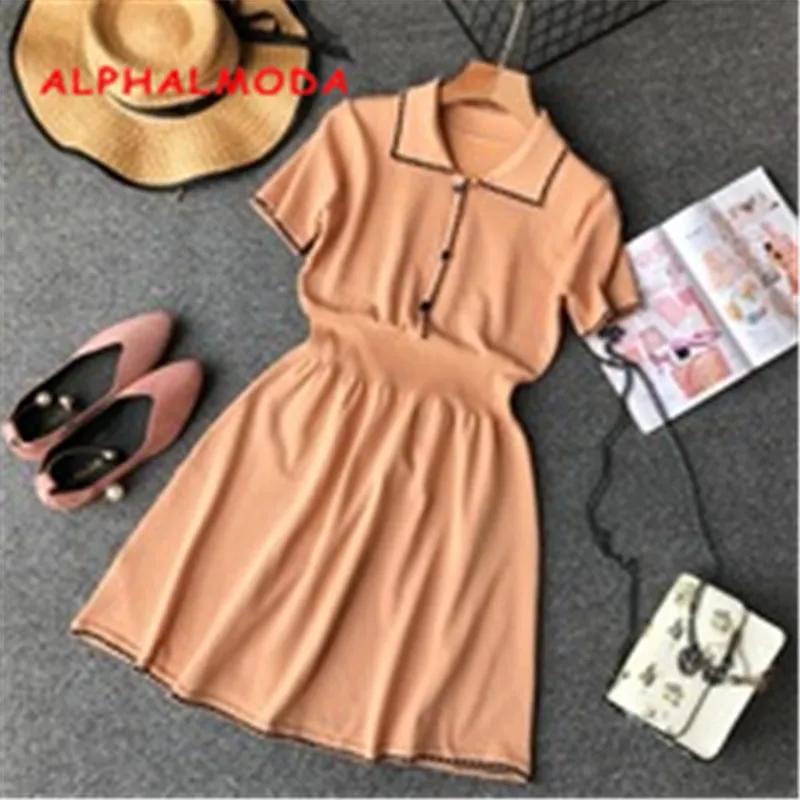 

ALPHALMODA Knitted Dress Polo Collar Short-sleeved Single Breasted High Waist Women Summer Preppy Style Knit Vestidos