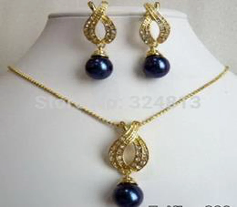 

High-quality grace excellent Black Shell Pearl 18KGP Crystal Pendant Necklace Earrings Set