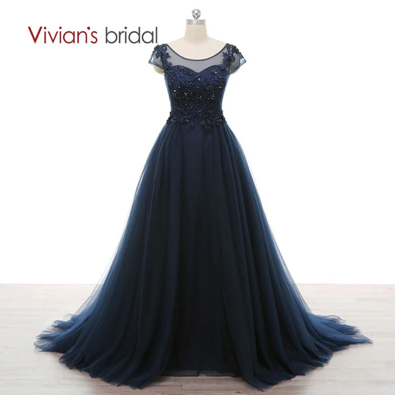 Vivian's Bridal Beaded Sequin A Line Plus Size Evening Dress Scoop Neck Cap Sleeve Multi Layer Tulle Lace Formal Evening Gowns