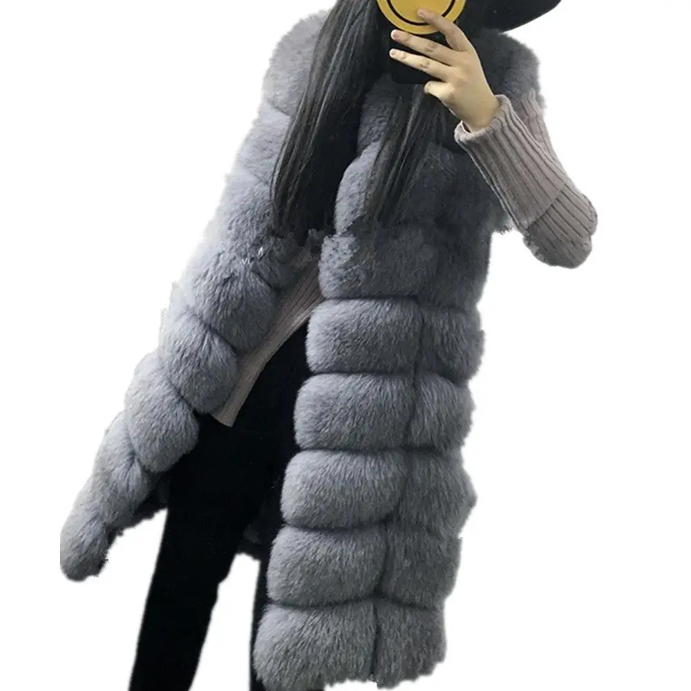 Lisa Colly, женское импортное пальто, супер искусственный мех, зимний женский роскошный жилет из искусственного лисьего меха, длинный меховой жилет, Пушистый Тонкий женский жилет из искусственного меха - Цвет: Серый