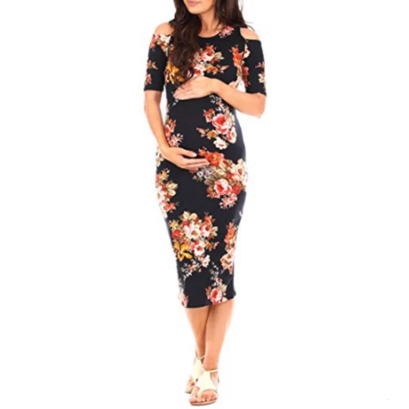 

O-neck Vintage Slim Tight Maternity Dress Floral Printed Off Shoulder Maxi Lady Dress For Pregnant Women Gravidas Dresses