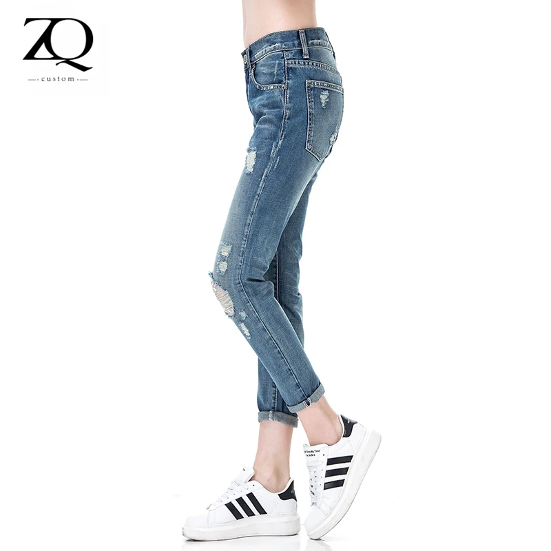

ZiQing 2017 Vintage Women Jeans Boy Friend Hole Pants Ankle-Length Straight Pencil Pants Ripped Trousers Washed Denim Pants