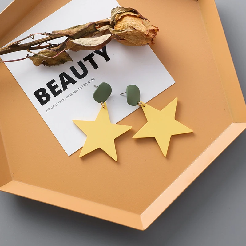 

Korea sweet irregular five-pointed star dangle earrings light yellow big stars Long Earrings Korean fashion jewelry 2019