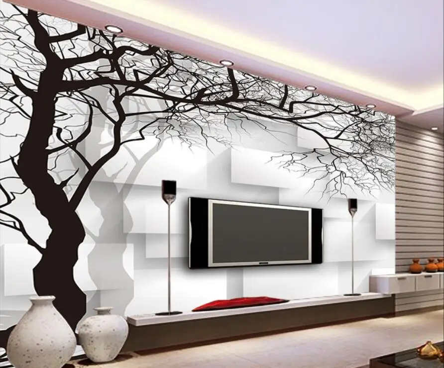 custom wallpaper wall murals hand painted black and white 3d abstract tree box tv sofa background wall 3d wallpaper beibehang