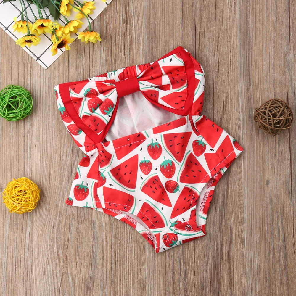 Красный комбинезон для новорожденных девочек, топ с рисунком арбуза, боди с бантом, комбинезон, летняя одежда для малышей