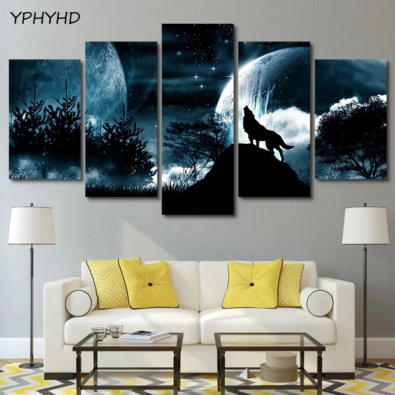 

YPHYHD Home Decor Room Modular Pictures HD Printed Canvas 5 Panel Full Moon Night Forest Wolf Framed Wall Art Painting Poster