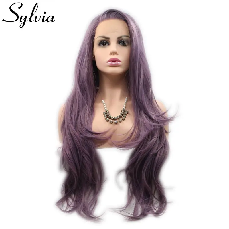 Onda do Corpo Dianteira do Laço Resistente ao Calor Cabelo sem Cola Peruca para as para as Mulheres Sylvia Fibra Longa Sintético Mulheres Parte Lateral Roxo Cosplay Partido Perucas 5 Sem Cola peruca Para As Mulheres Parte