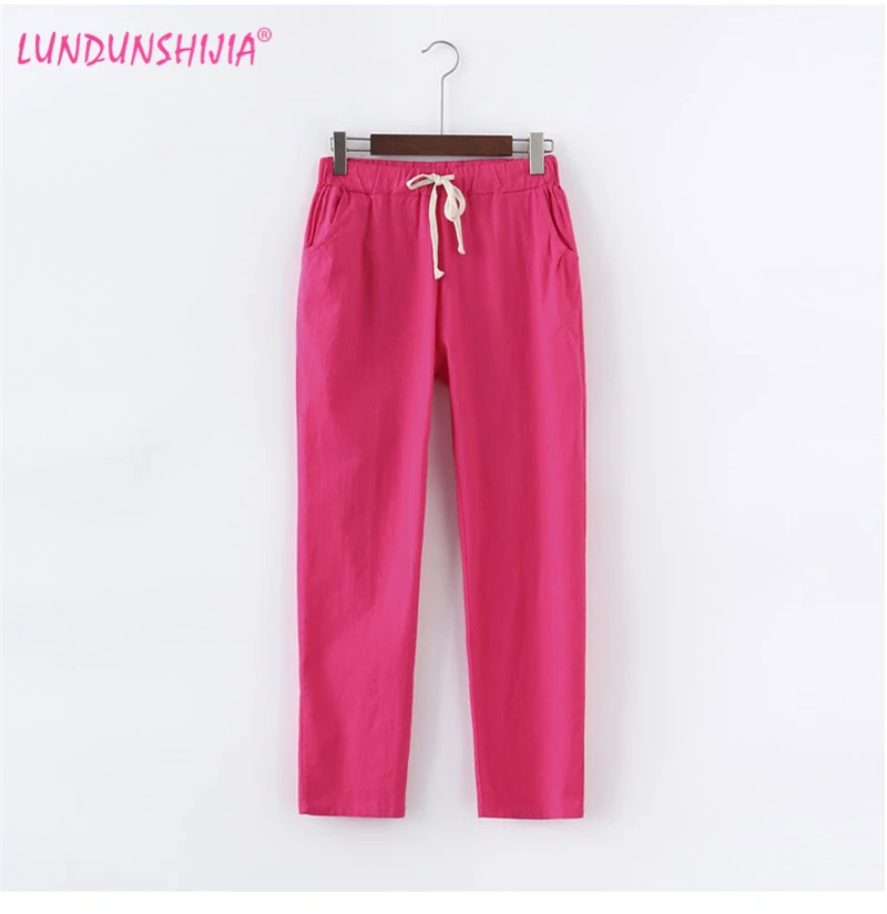 

LUNDUNSHIJIA 2019 Summer Women Casual Ankle-Length Pants Elastic Waist Cotton Linen Ladies Calf-length Pants Plus Size M-3XL