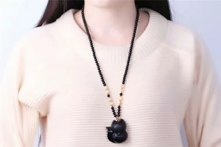 Genuine Natural Black Obsidian Gemstone Pendant Women Man Fox Shape Crystal Pendant 45x40x13mm AAAAA (6)