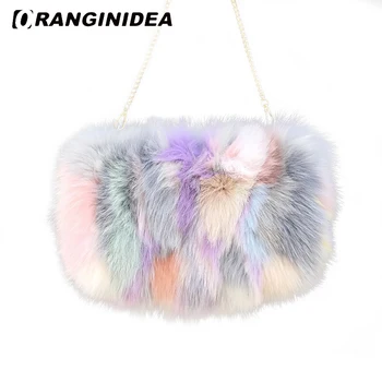 

Real Fur Chain Crossbody Bag for Women Fox Fur Winter Shoulder Bags 2018 New Women Handbags Rainbow Patchwork Clutch Bag