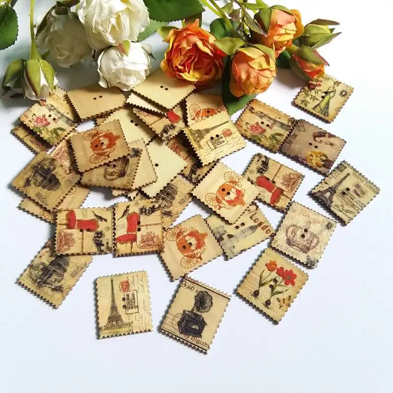 

50pcs Rectangular stamp Mixed Tower Patterns Wood Sewing Buttons Scrapbooking Clothes Craft Accessorie
