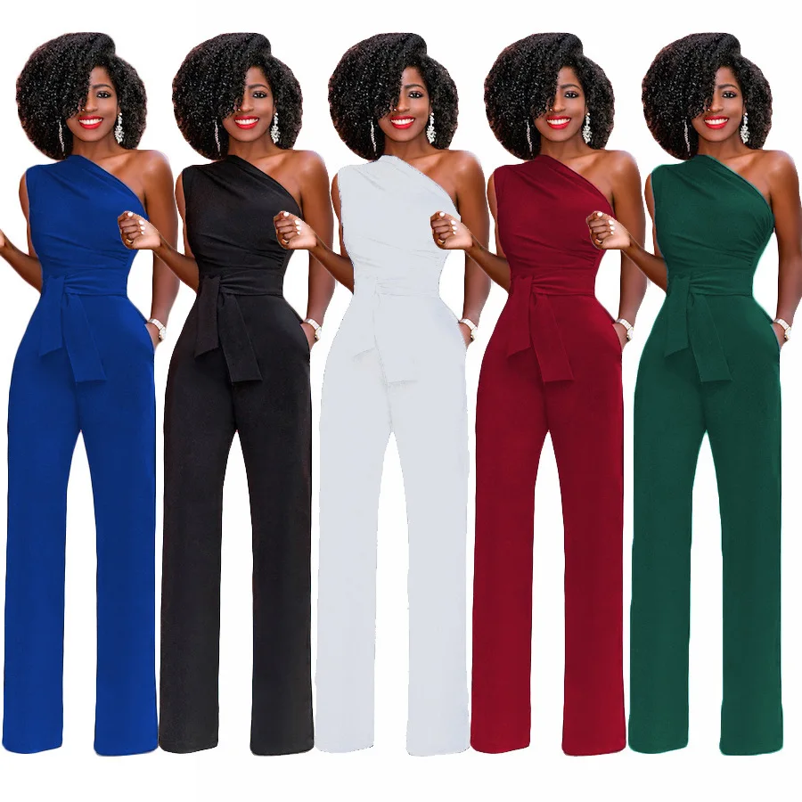 

Elegant Jumpsuits One Shoulder Jumpsuit Solid Red White Black Blue Monos Largos Mujer Pantalon Largo Bandage Party OL Office