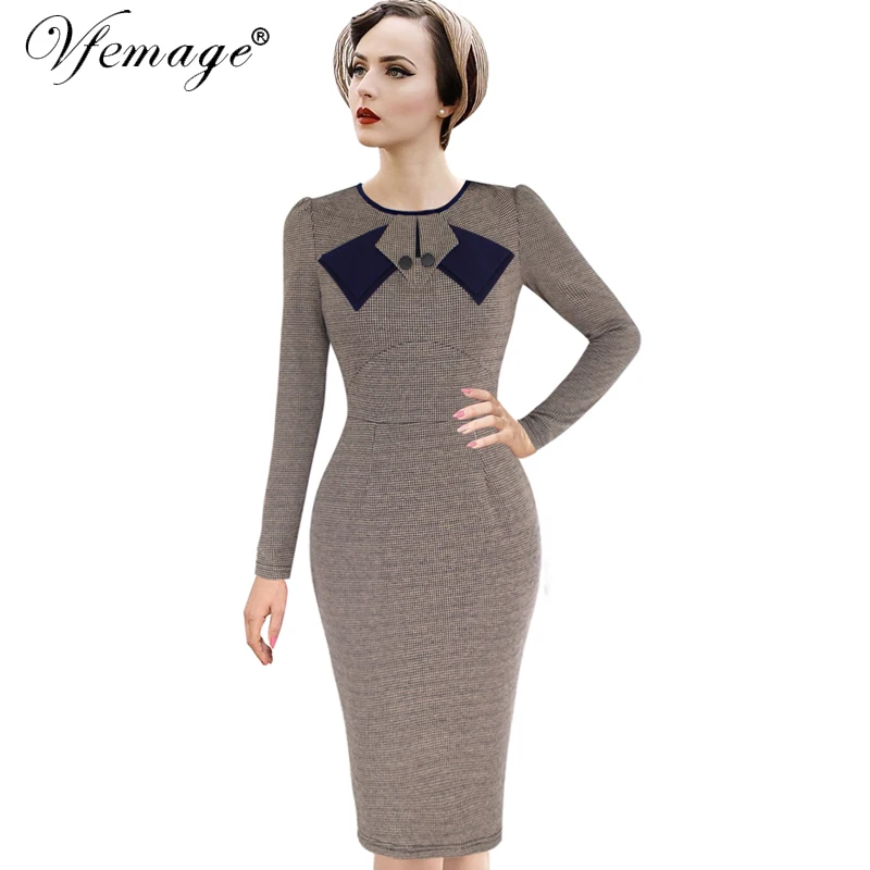 

Vfemage Womens Elegant 1950s Vintage Pinup Retro Rockabilly Patchwork Long Sleeve Work Party Sheath Bodycon Wiggle Dress 1046