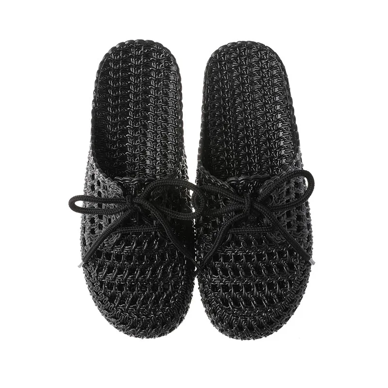 Летние женские шлепанцы с вырезами Нескользящая удобная обувь на плоской подошве красивые шлепанцы для пляжа и ванной zapatos de mujer - Цвет: black